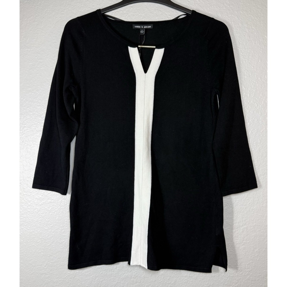 Cable & Gauge Women's Color Block Keyhole Neck Pullover Sweater Black White S